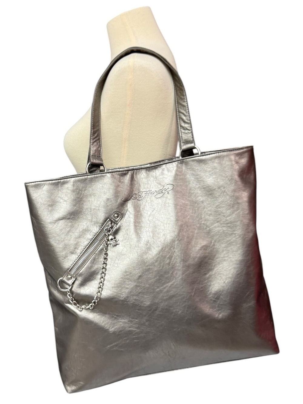 Ed Hardy Metallic Silver Tote with Skull Chain Accent Oversized Large Tote Bag - Picture 16 of 17